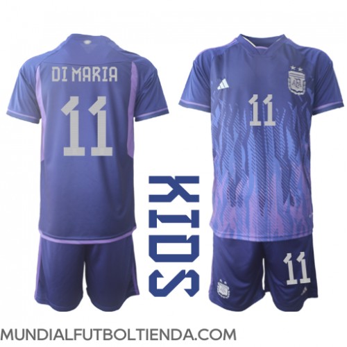 Camiseta Argentina Angel Di Maria #11 Segunda Equipación Replica Mundial 2022 para niños mangas cortas (+ Pantalones cortos)